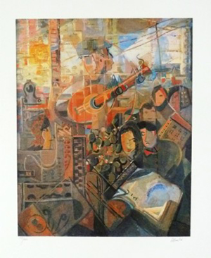 Litografia. El músic en el tren