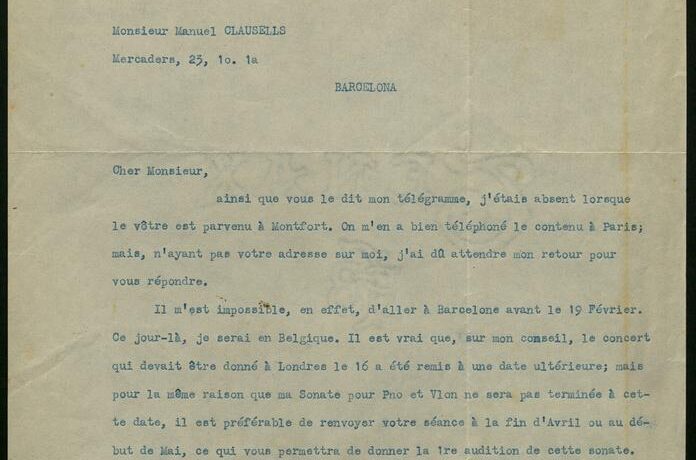 Carta de Maurice Ravel a Manuel Clausells